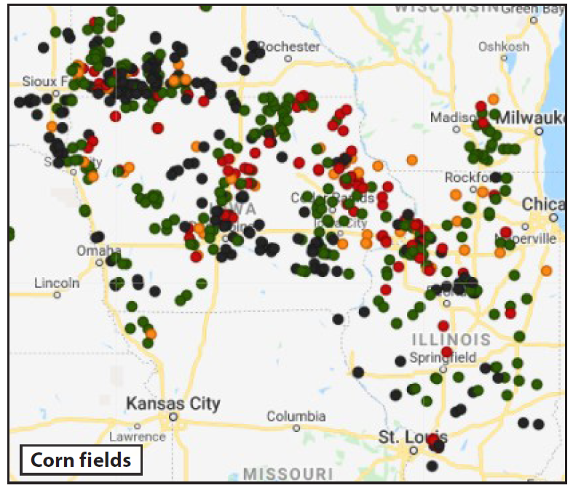 Areas with orange and red symbols indicate increased beetle activity and more rootworm damage the following year.